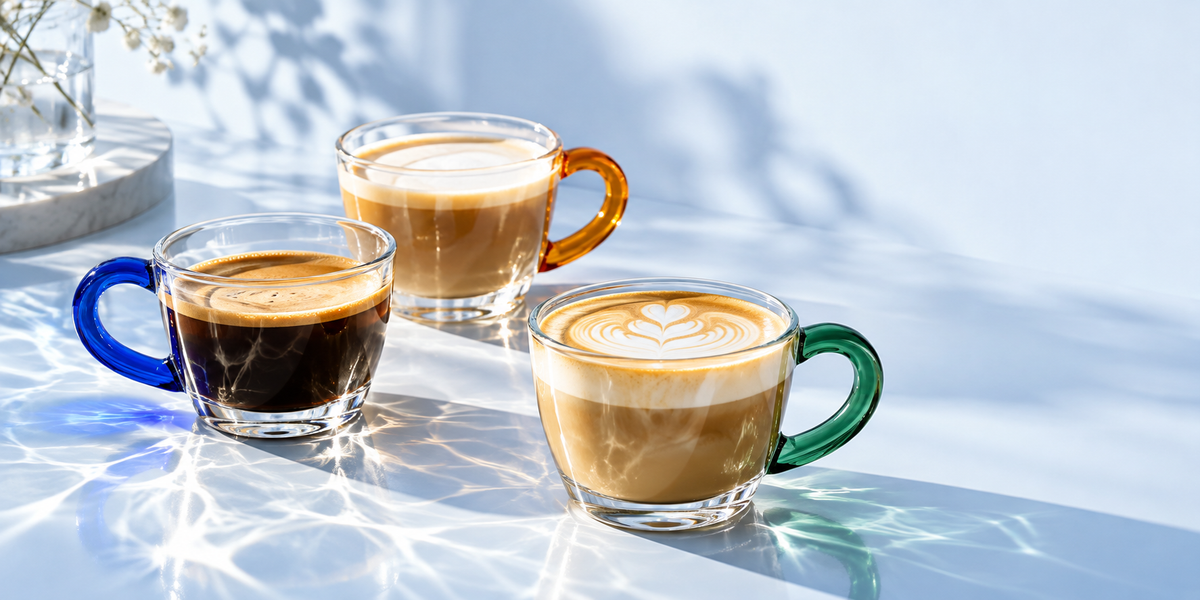 Blue, amber and green handled glass coffee cups