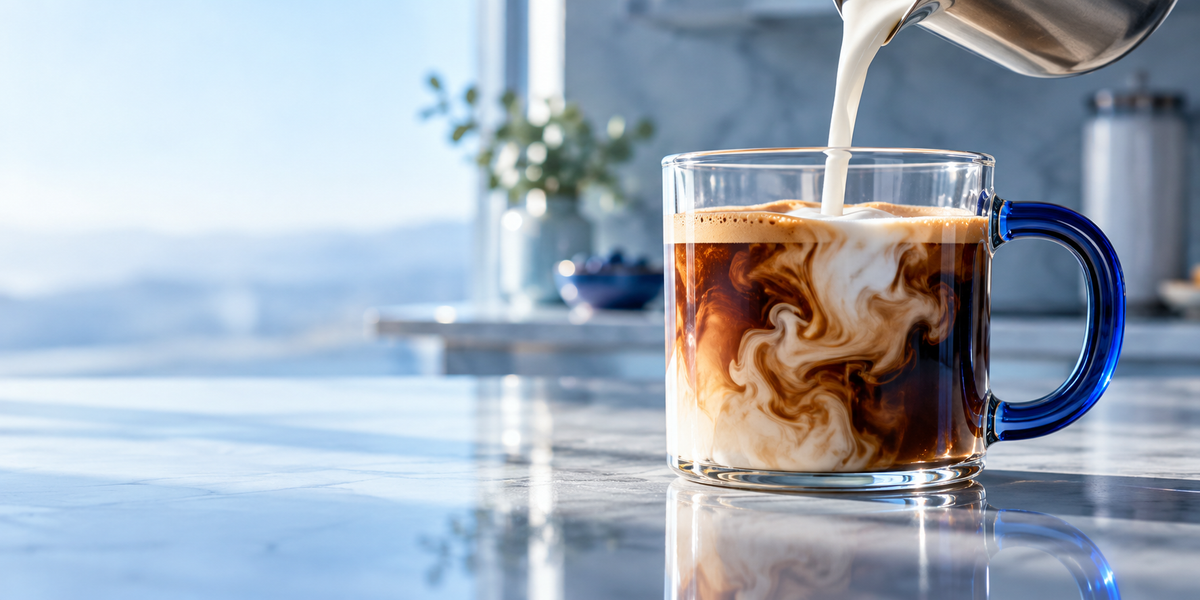 Milk poured into a clear glass coffee mug